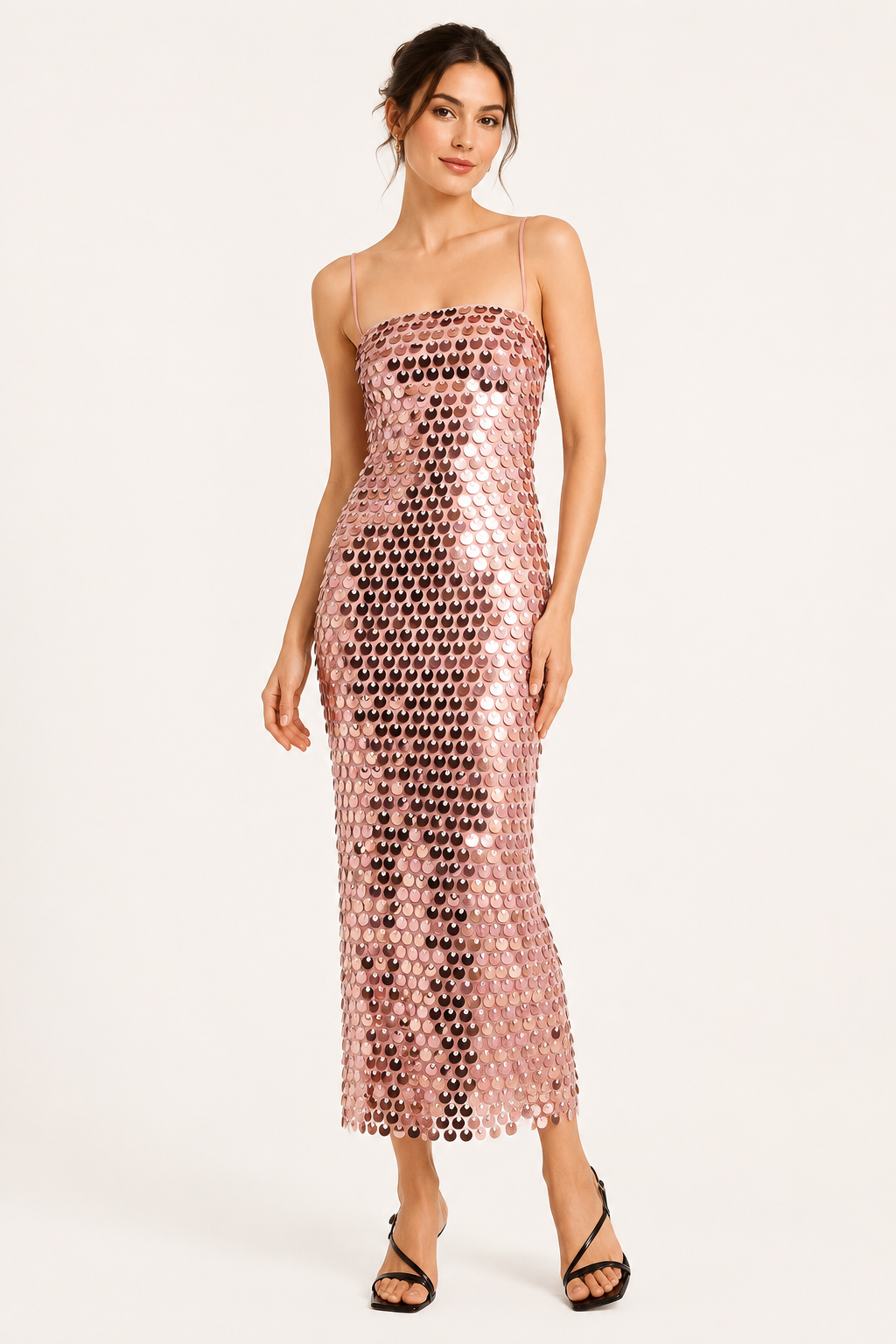 Vestido midi mujer cóctel fiesta tirantes finos acabado brillante lentejuelas - Senta