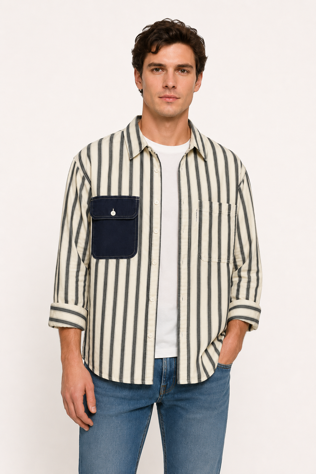 Camisa hombre rayas estilo costero bolsillo contraste elegante casual - Bastian