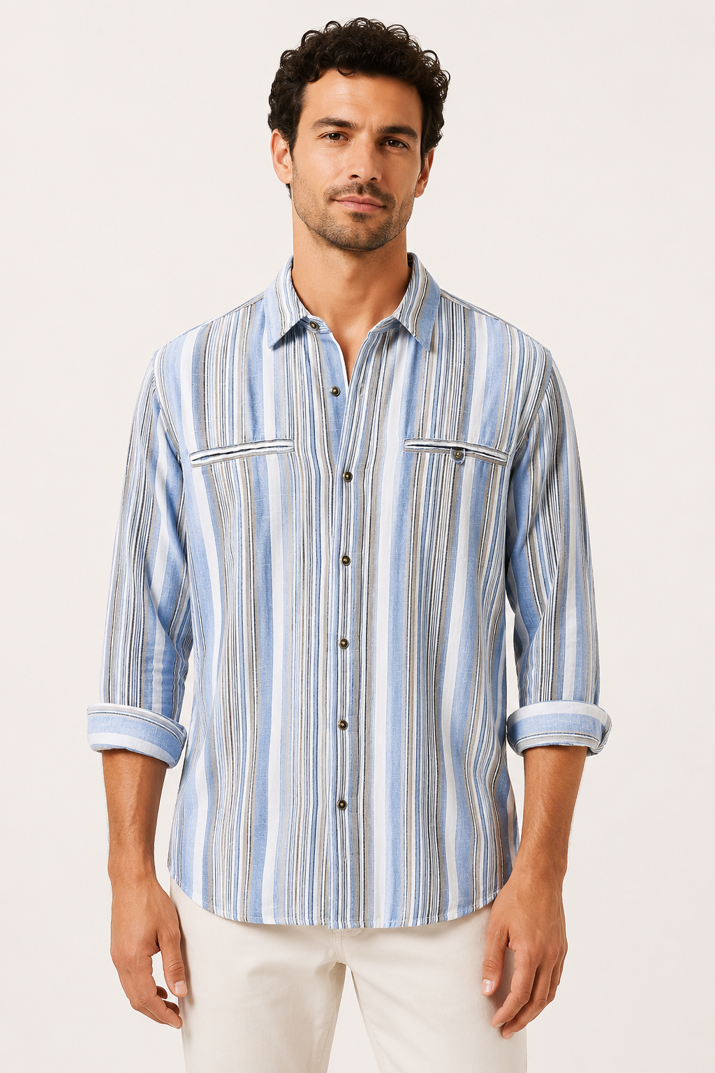 Camisa hombre algodón lino rayas mediterráneo fresco verano - Timo