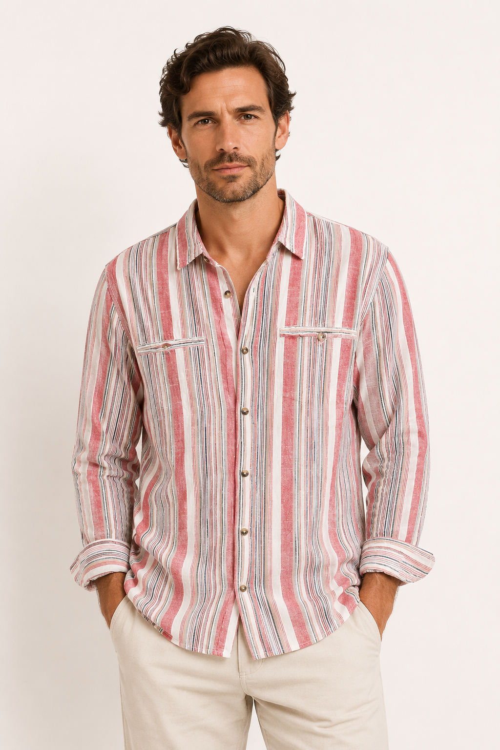 Camisa hombre algodón lino rayas mediterráneo fresco verano - Timo