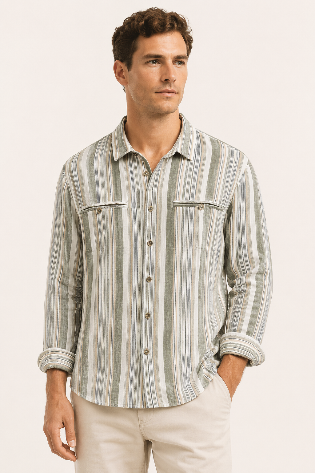 Camisa hombre algodón lino rayas mediterráneo fresco verano - Timo