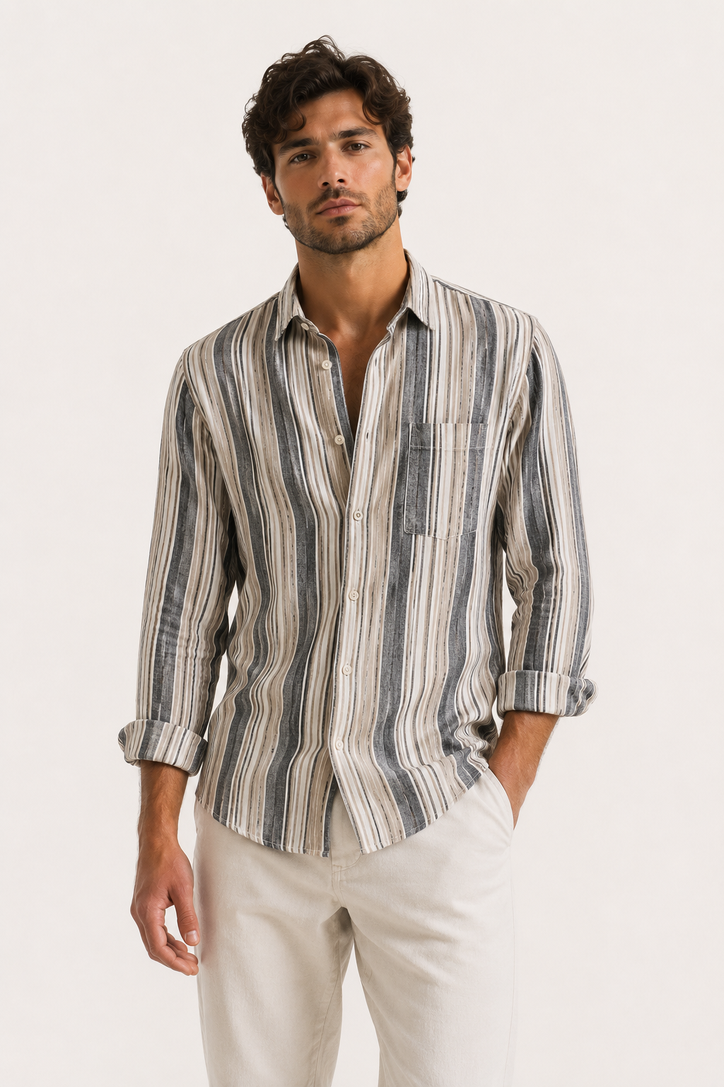 Camisa hombre rayas verticales manga larga cuello camisero bolsillo - Kaspar