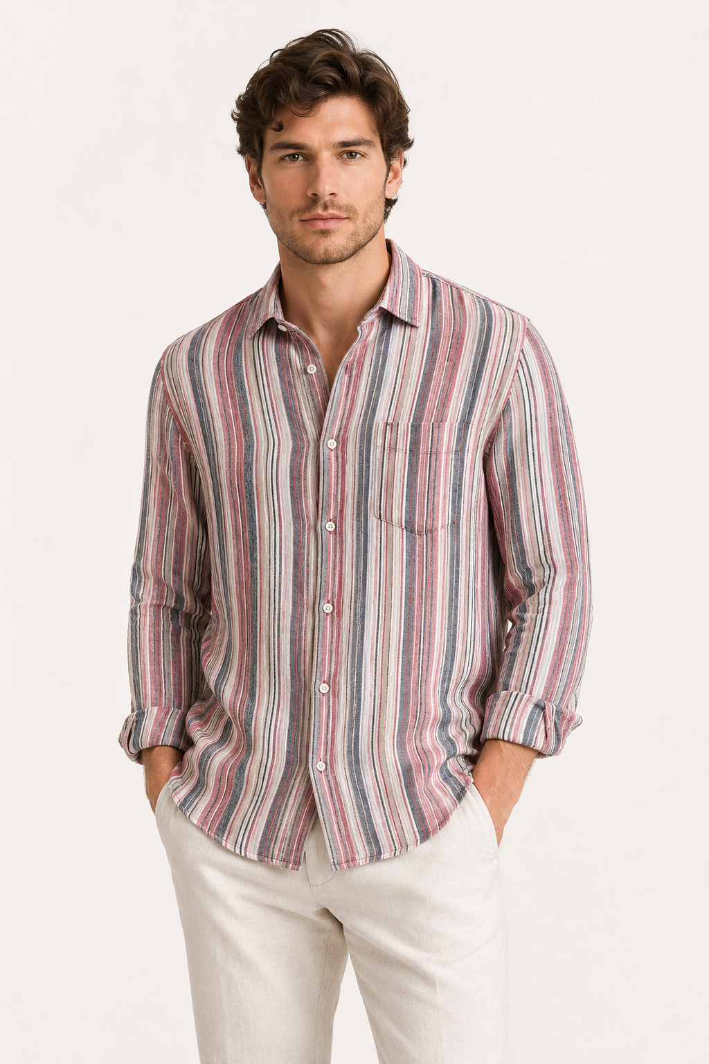 Camisa hombre rayas verticales manga larga cuello camisero bolsillo - Kaspar