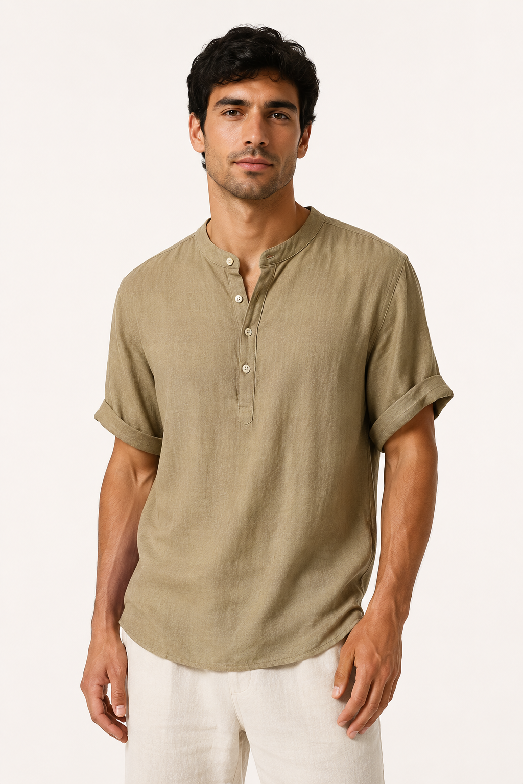 Camisa hombre lino manga corta cuello mao botonadura frontal ligera - Stefan