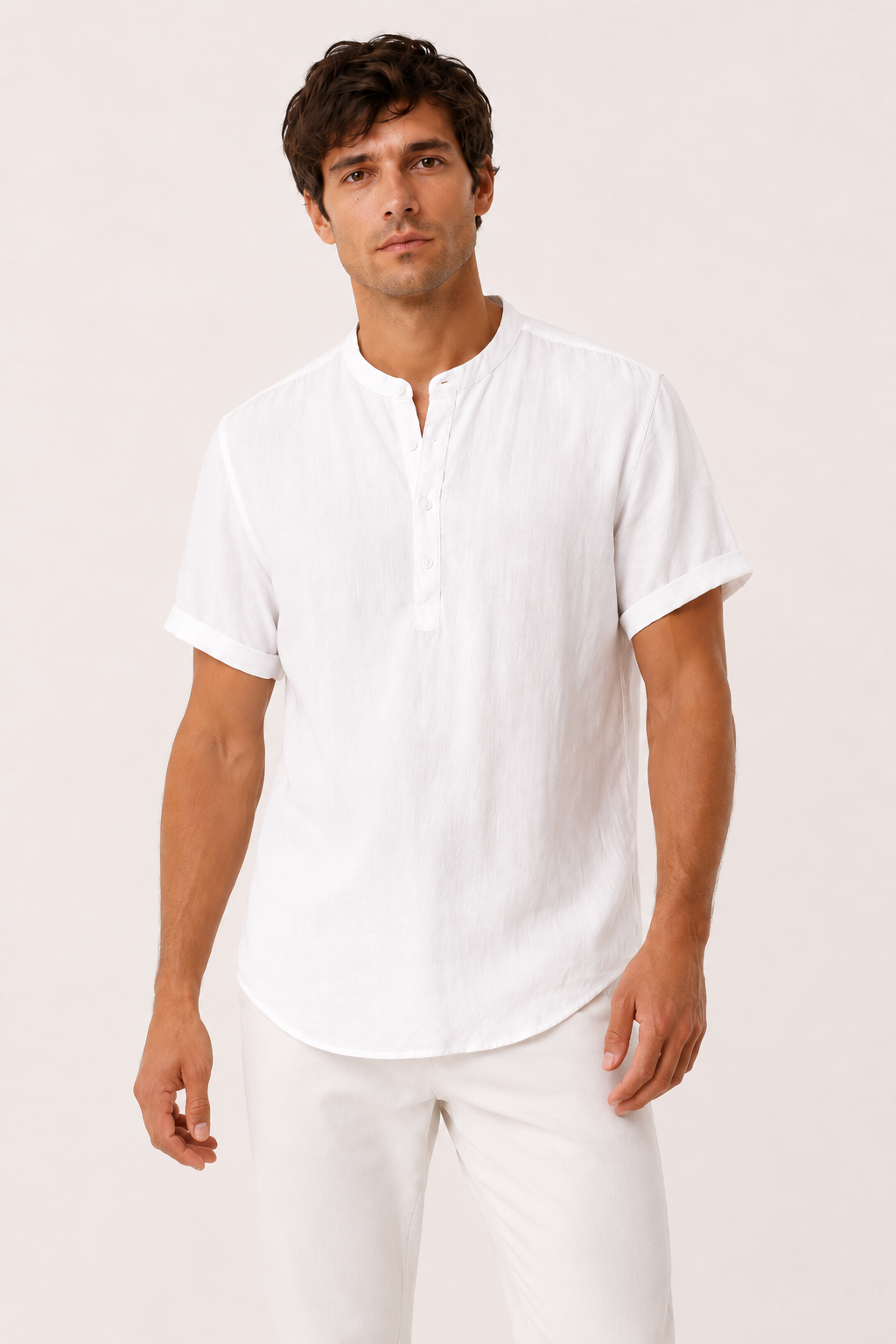 Camisa hombre lino manga corta cuello mao botonadura frontal ligera - Stefan