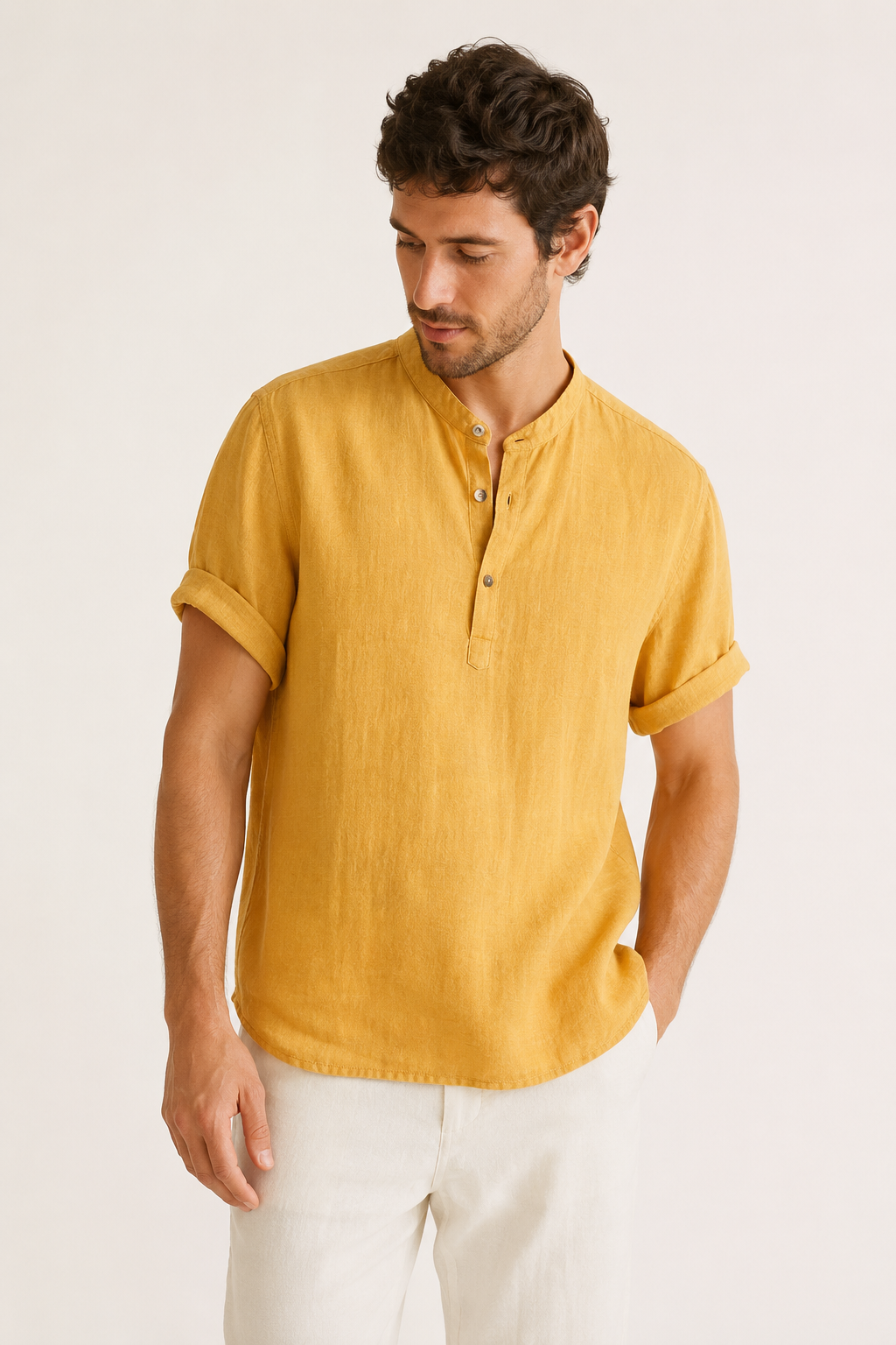 Camisa hombre lino manga corta cuello mao botonadura frontal ligera - Stefan