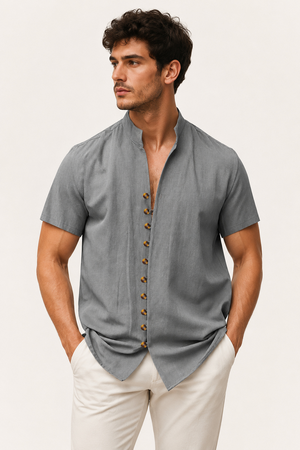 Camisa hombre cuello mao manga corta botonadura frontal casual verano - Lorenz