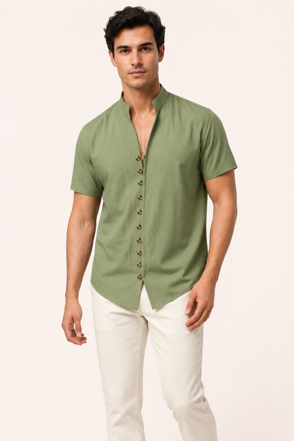 Camisa hombre cuello mao manga corta botonadura frontal casual verano - Lorenz