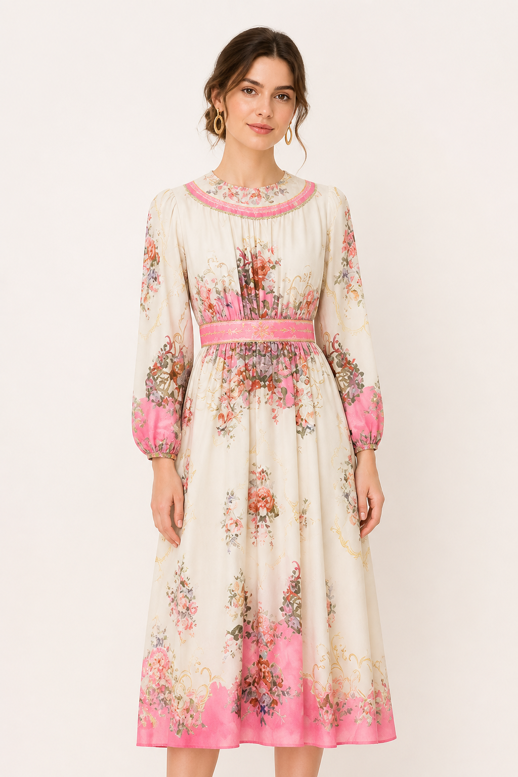 Vestido midi manga larga floral cintura definida puños ajustados mujer - Brenda