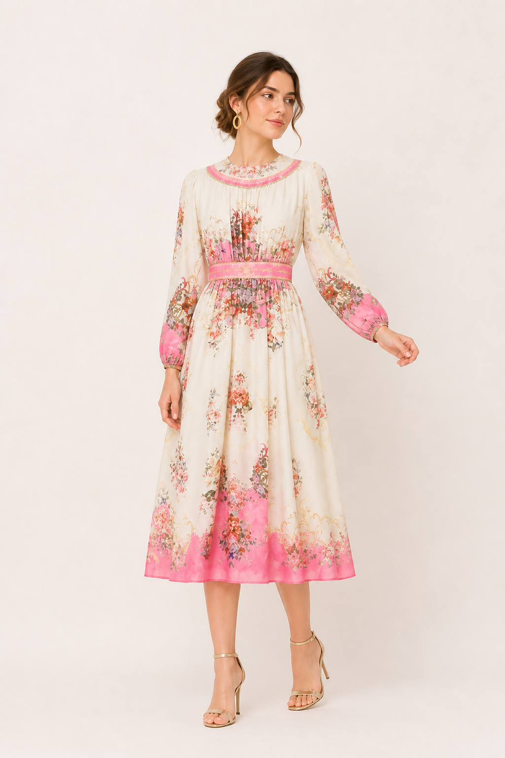 Vestido midi manga larga floral cintura definida puños ajustados mujer - Brenda