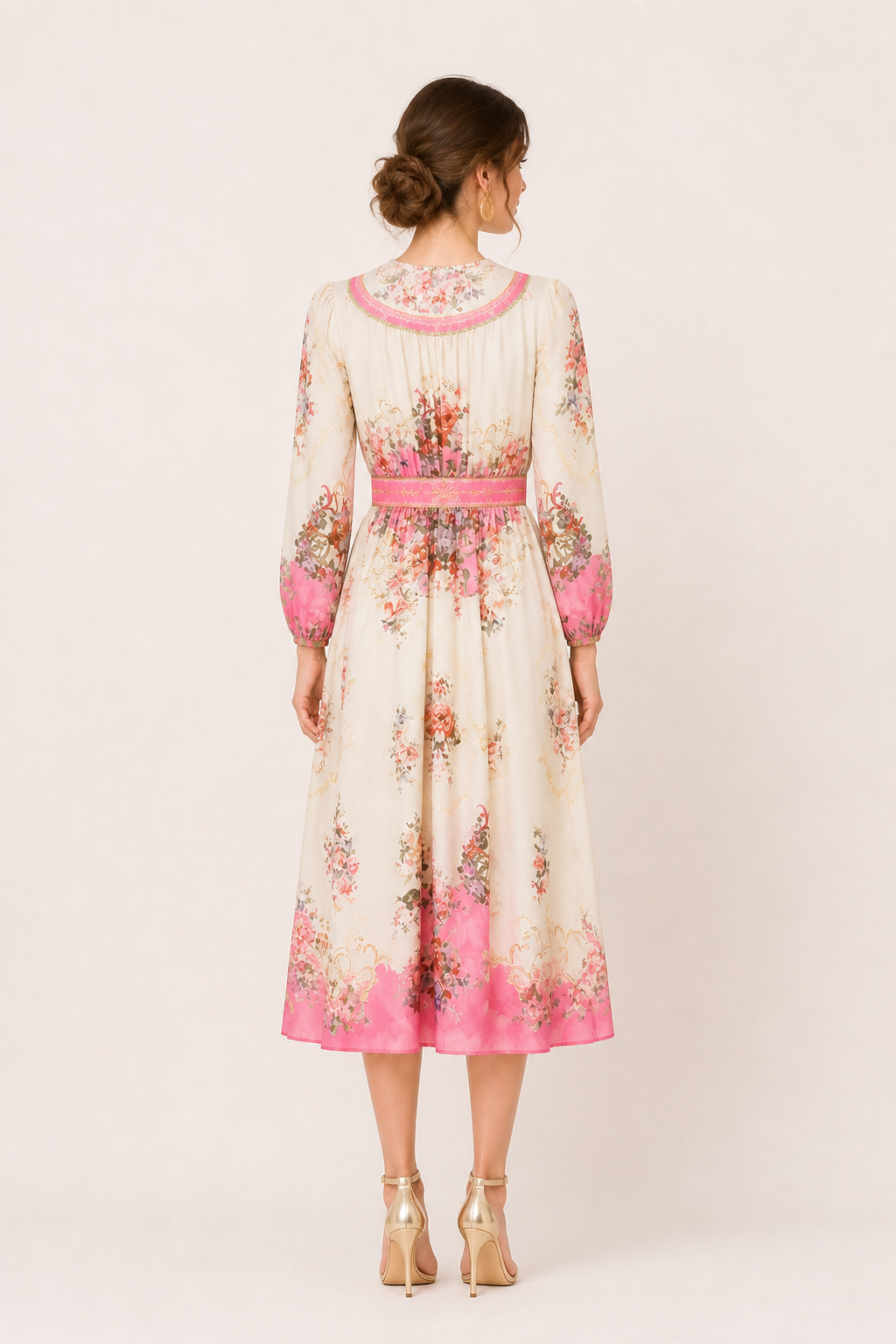 Vestido midi manga larga floral cintura definida puños ajustados mujer - Brenda