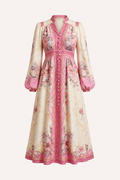 Vestido midi floral paneles verticales botones manga larga cinturón - Serena