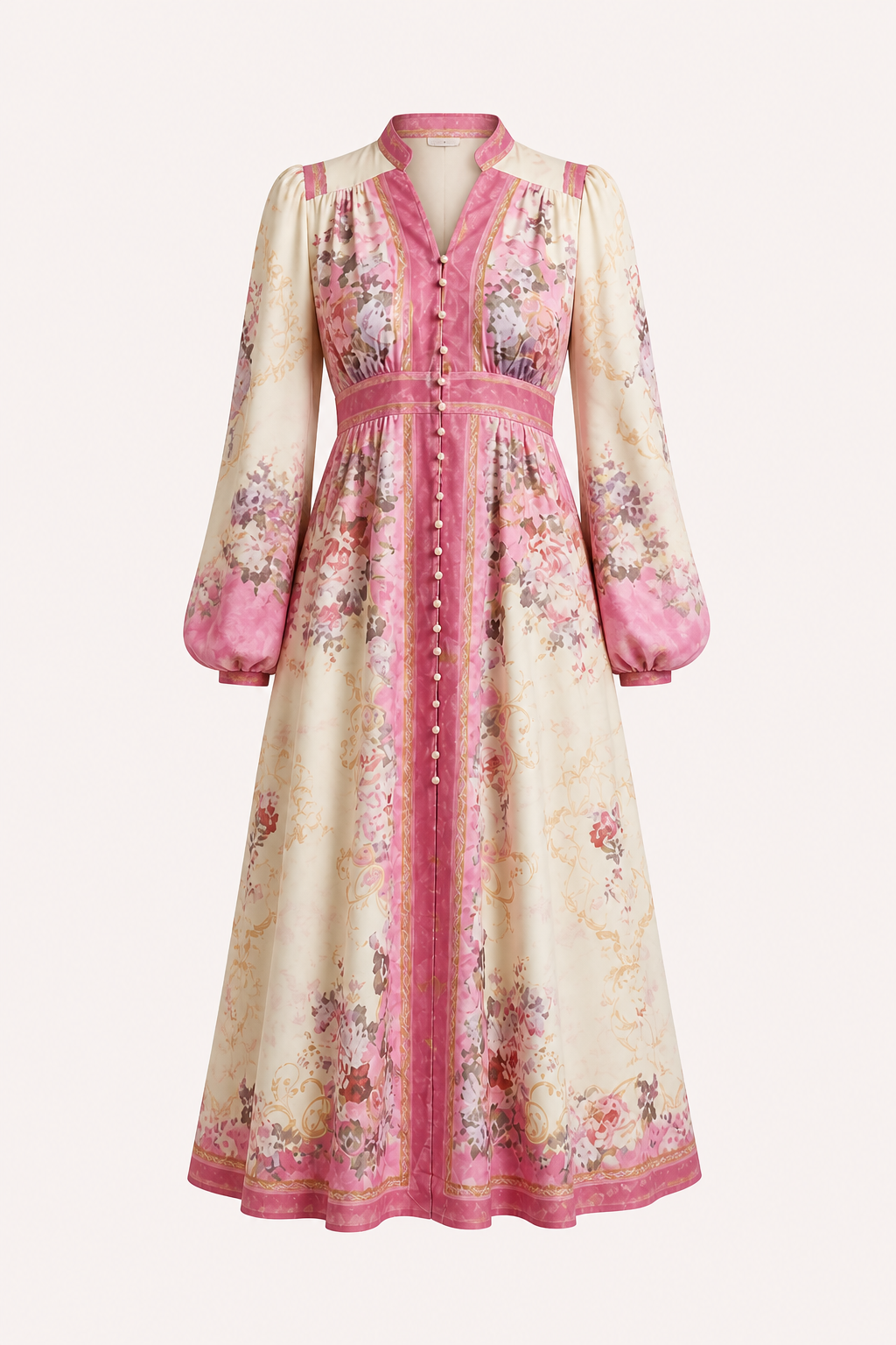 Vestido midi floral paneles verticales botones manga larga cinturón - Serena