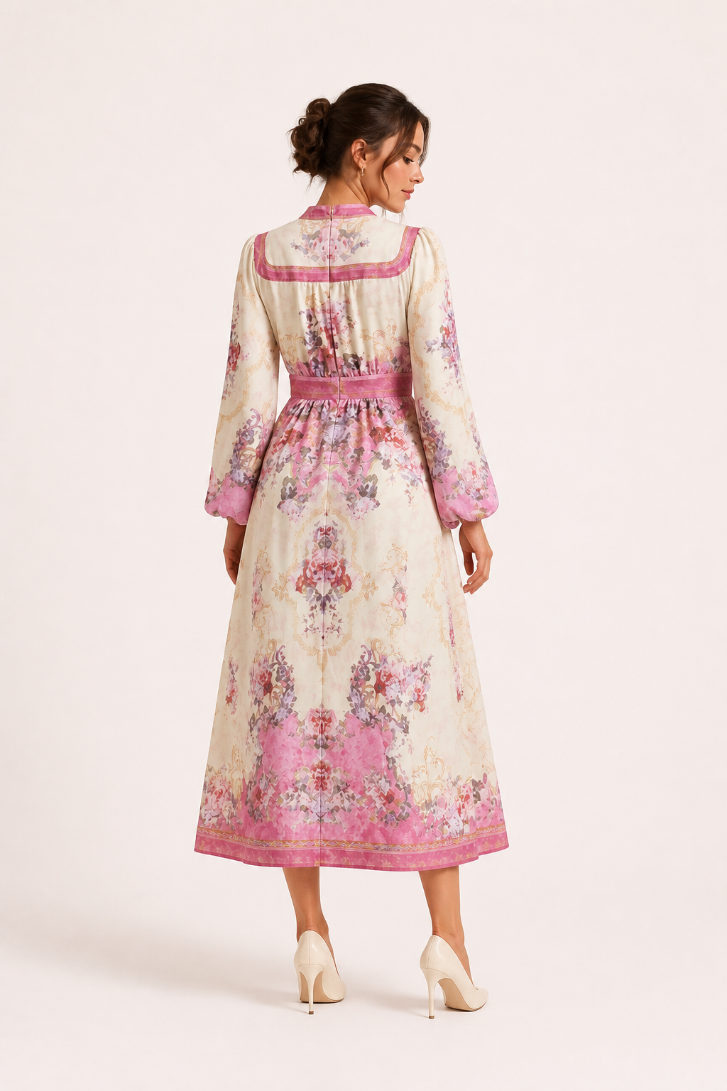 Vestido midi floral paneles verticales botones manga larga cinturón - Serena