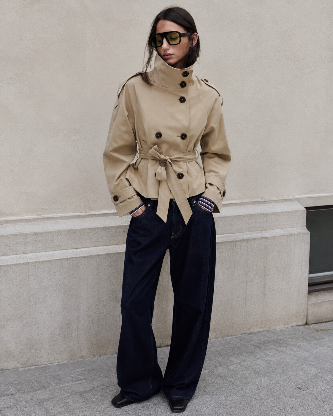 Cazadora trench mujer corta cuello alto cinturón doble botonadura otoño - Solène