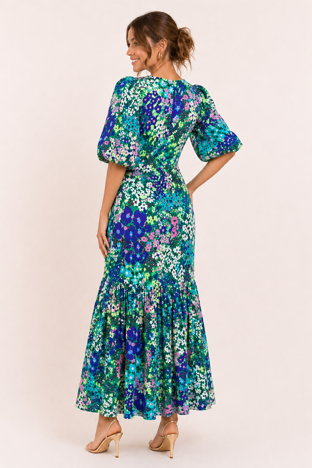 Vestido midi mujer floral cuello alto manga abullonada volante - Nani