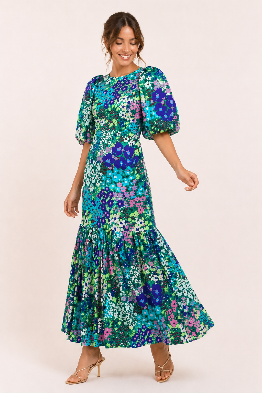 Vestido midi mujer floral cuello alto manga abullonada volante - Nani