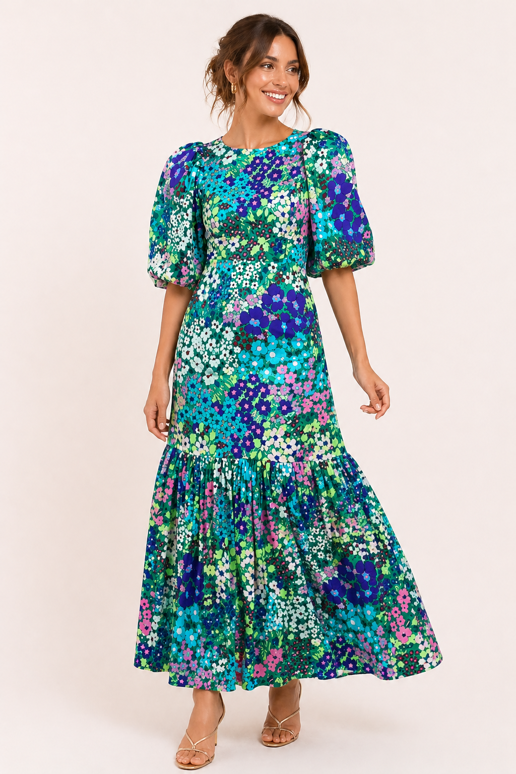 Vestido midi mujer floral cuello alto manga abullonada volante - Nani