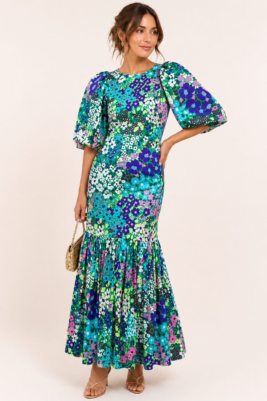 Vestido midi mujer floral cuello alto manga abullonada volante - Nani