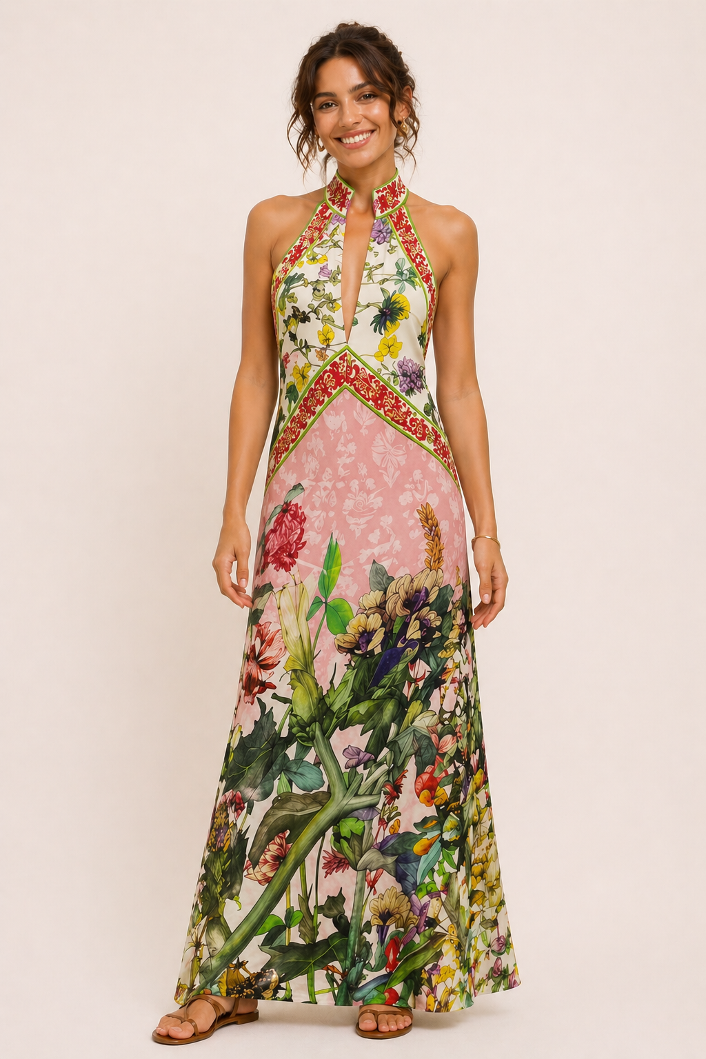 Vestido largo mujer halter abertura frontal estampado floral grande - Valery