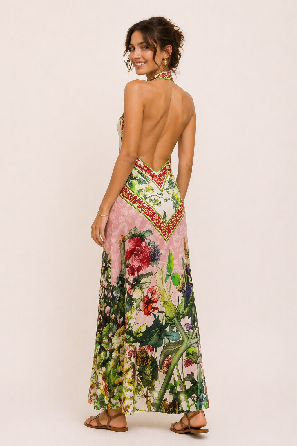 Vestido largo mujer halter abertura frontal estampado floral grande - Valery