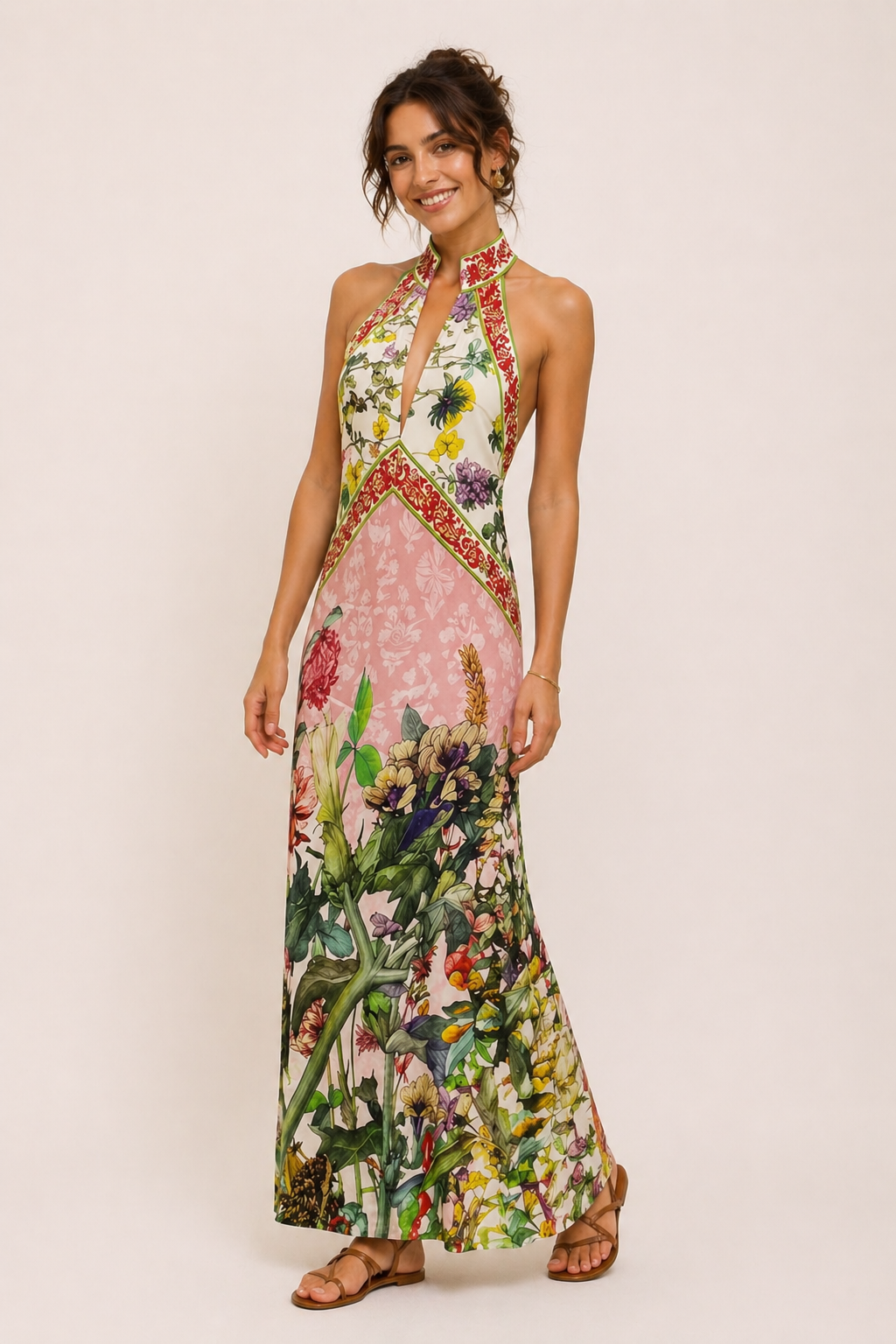 Vestido largo mujer halter abertura frontal estampado floral grande - Valery