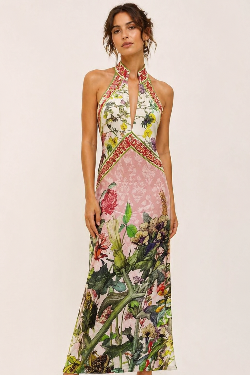 Vestido largo mujer halter abertura frontal estampado floral grande - Valery