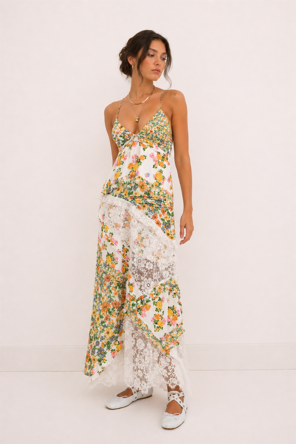 Vestido largo tirantes finos mujer floral encaje caída fluida verano - Danira