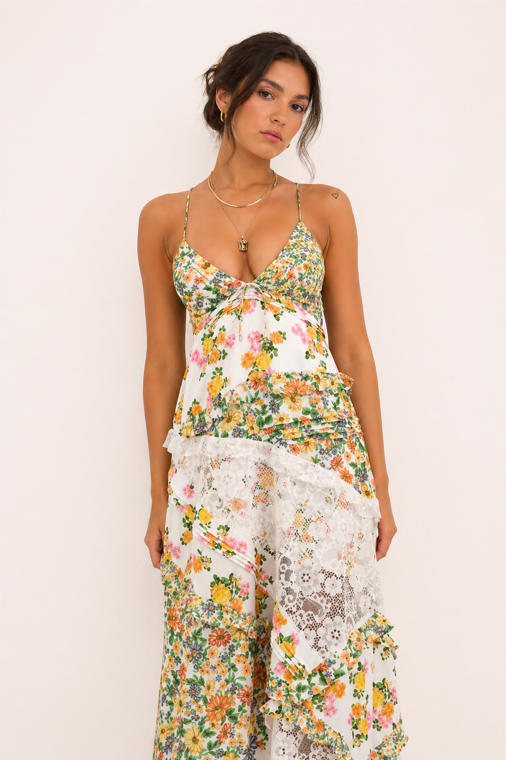 Vestido largo tirantes finos mujer floral encaje caída fluida verano - Danira