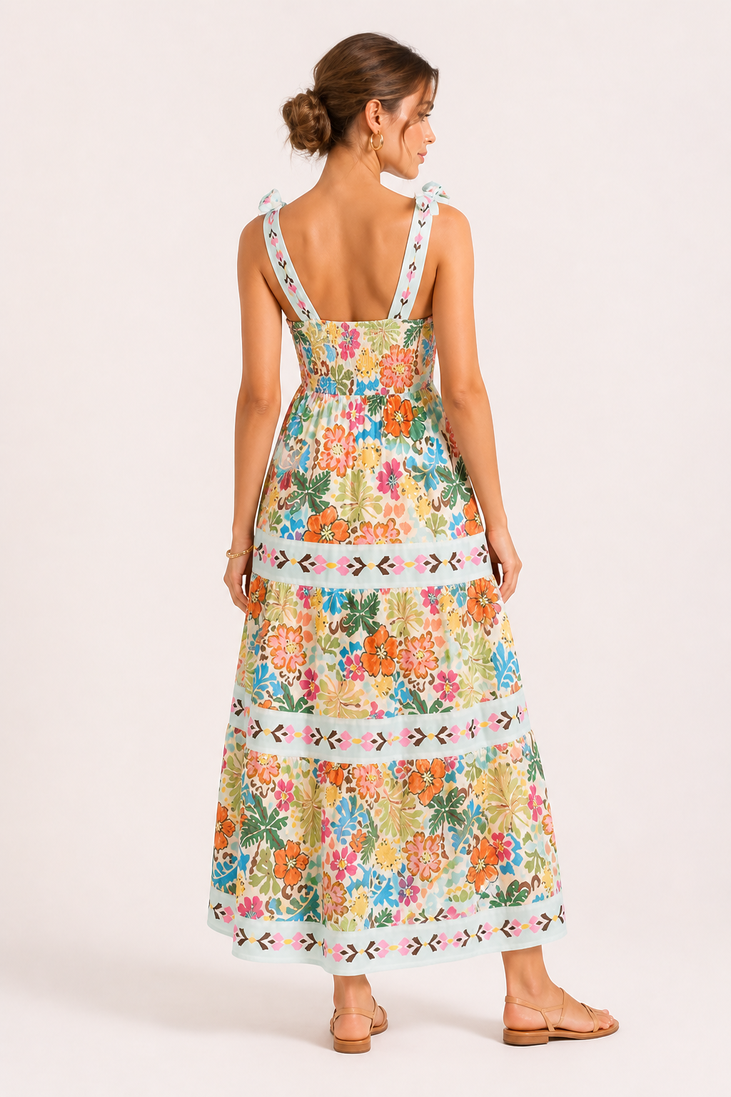 Vestido midi mujer tirantes lazo ajustable floral bandas horizontales - Estela
