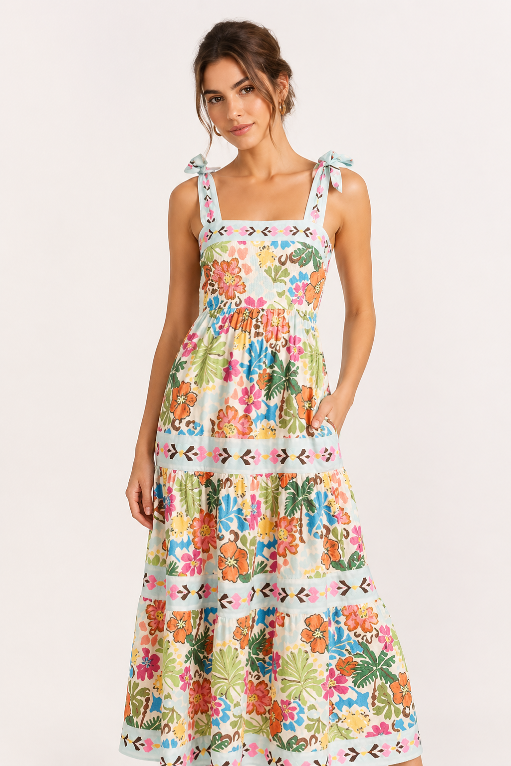 Vestido midi mujer tirantes lazo ajustable floral bandas horizontales - Estela