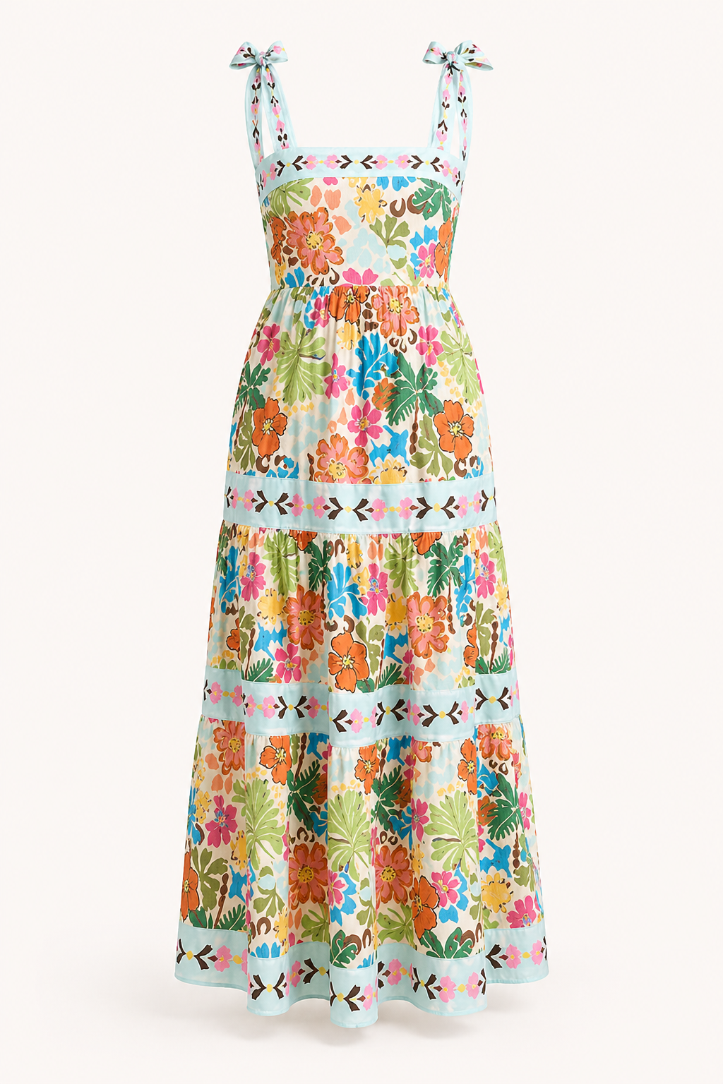 Vestido midi mujer tirantes lazo ajustable floral bandas horizontales - Estela
