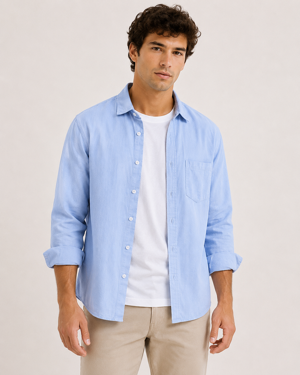 Camisa lino hombre manga larga cuello camisero bolsillo casual - Emil
