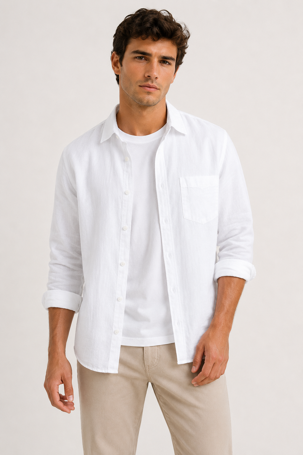 Camisa lino hombre manga larga cuello camisero bolsillo casual - Emil