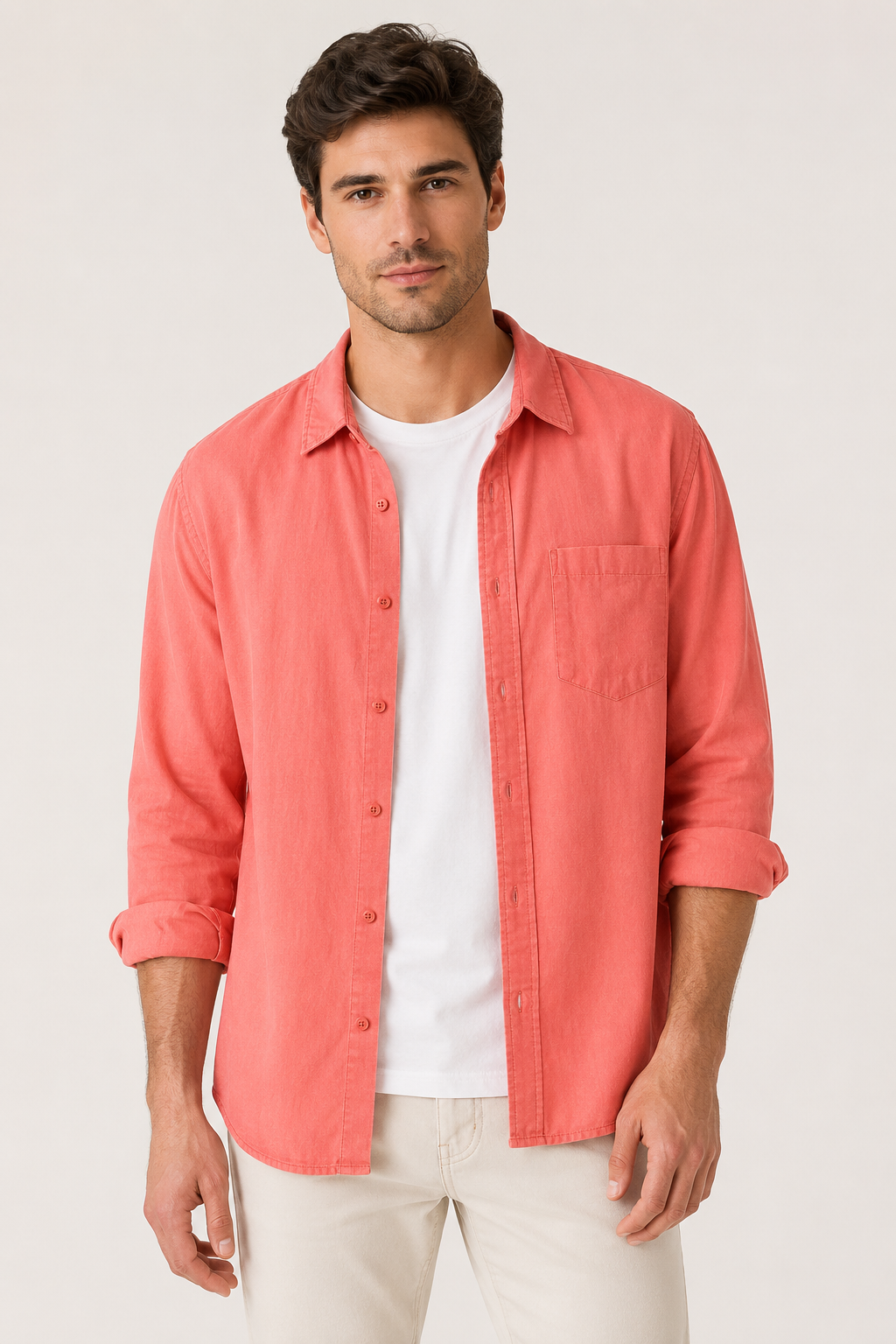 Camisa lino hombre manga larga cuello camisero bolsillo casual - Emil