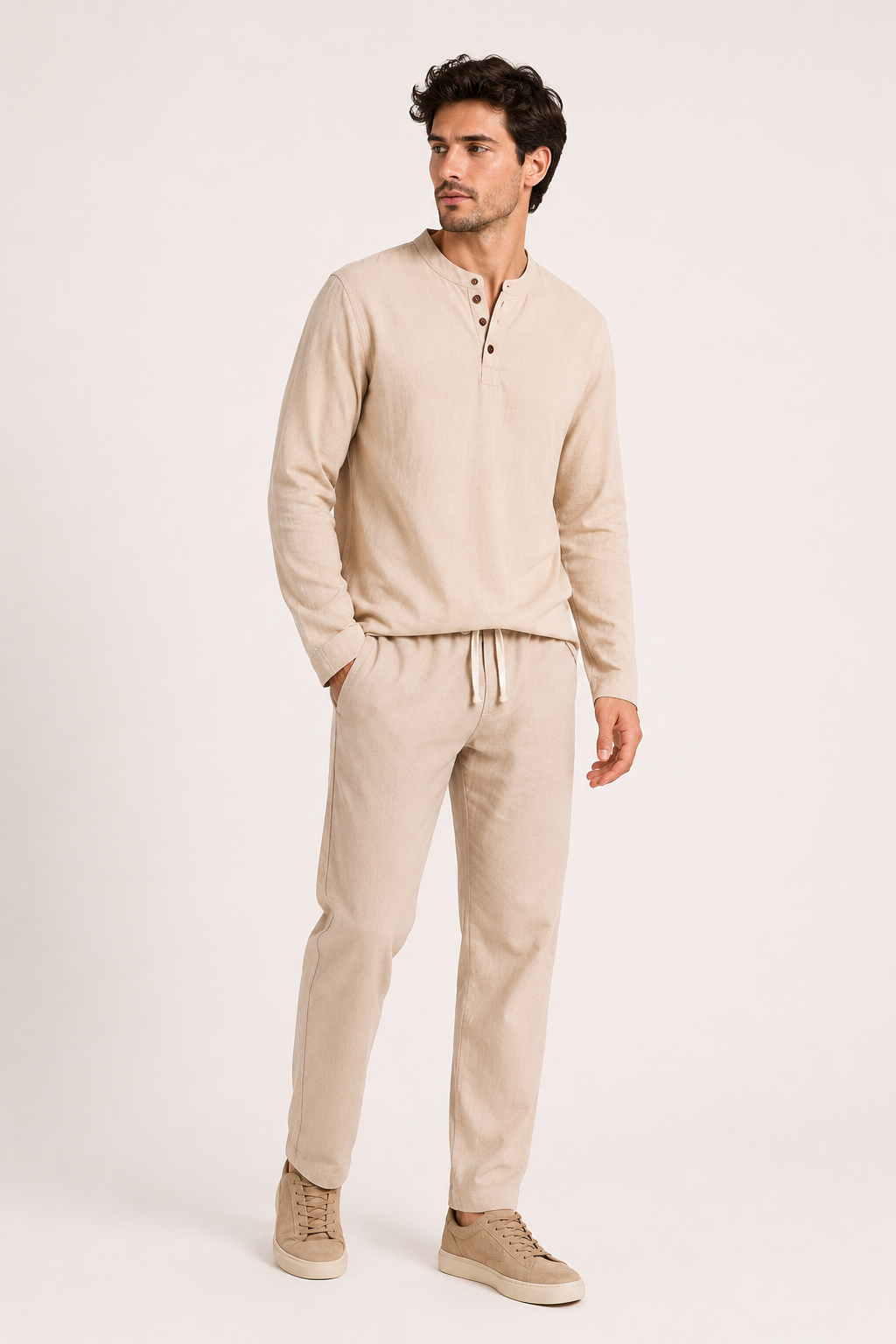 Conjunto hombre lino camiseta cuello botones pantalón casual verano - Jörg
