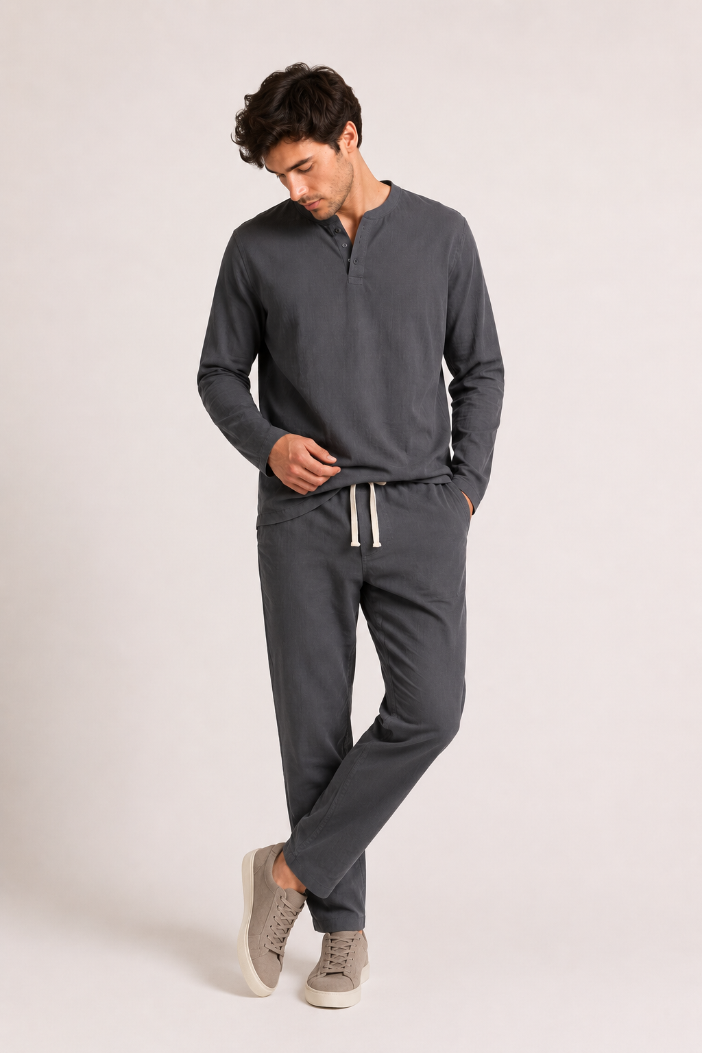 Conjunto hombre lino camiseta cuello botones pantalón casual verano - Jörg