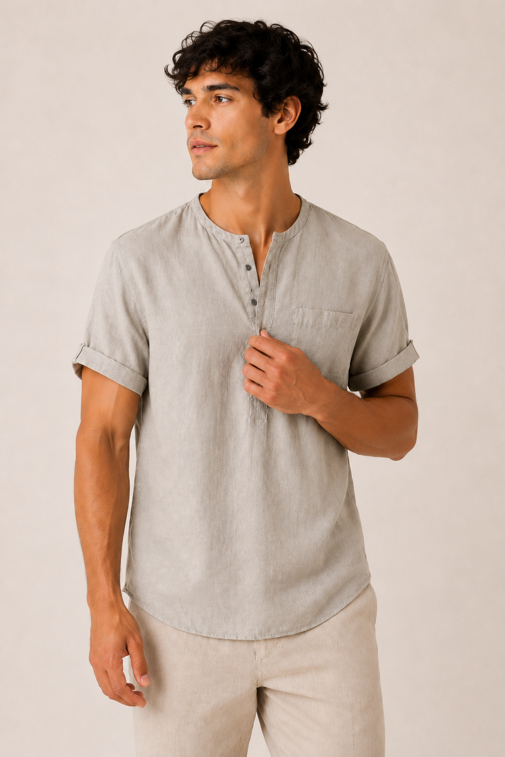 Camisa hombre manga corta cuello mao bolsillo casual lino verano - James
