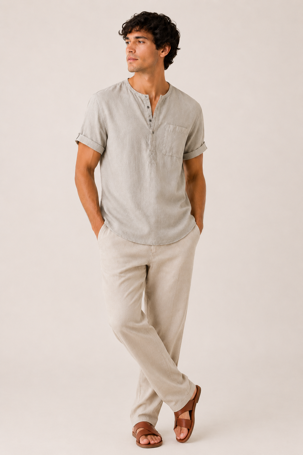 Camisa hombre manga corta cuello mao bolsillo casual lino verano - James