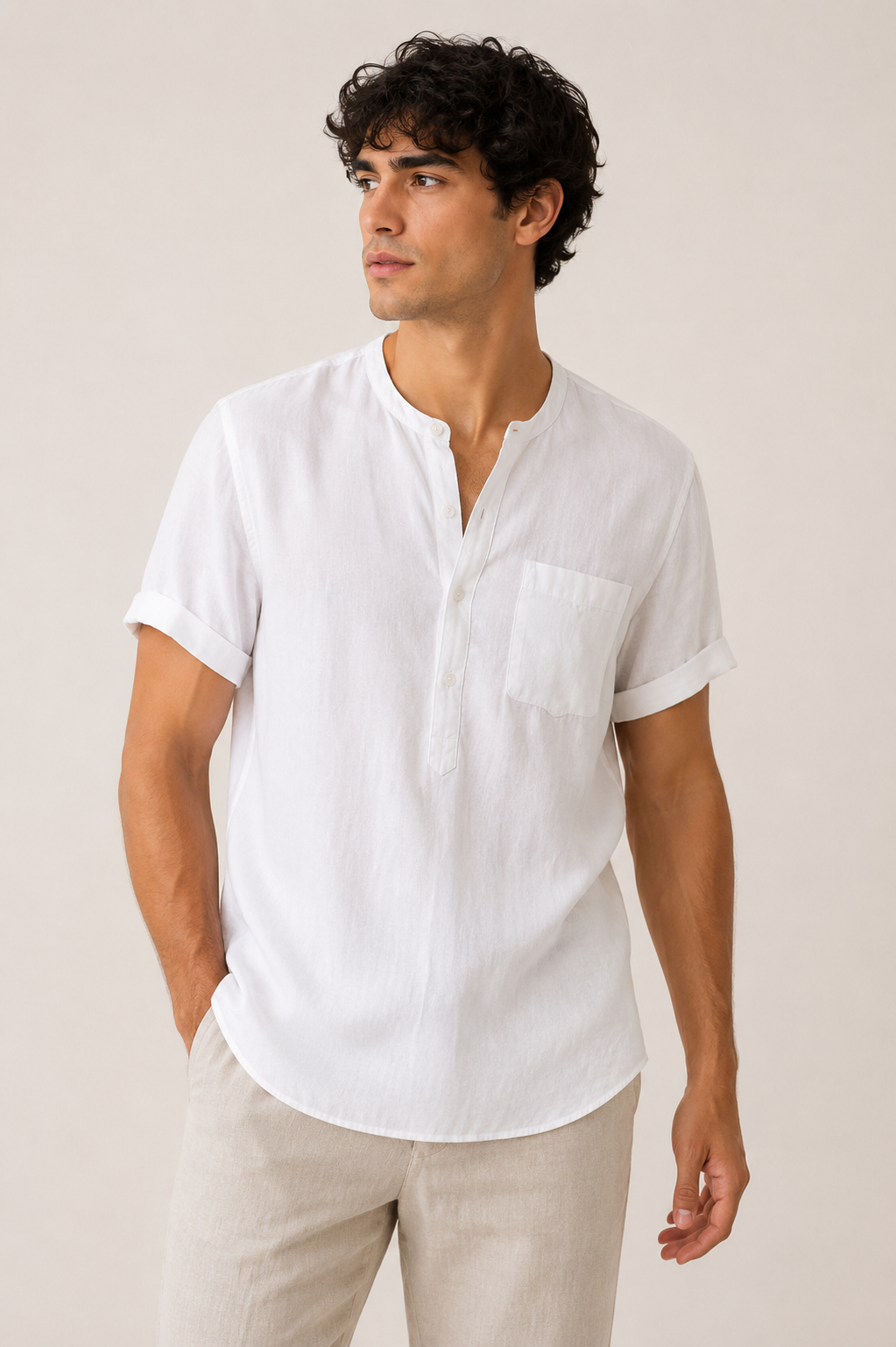 Camisa hombre manga corta cuello mao bolsillo casual lino verano - James