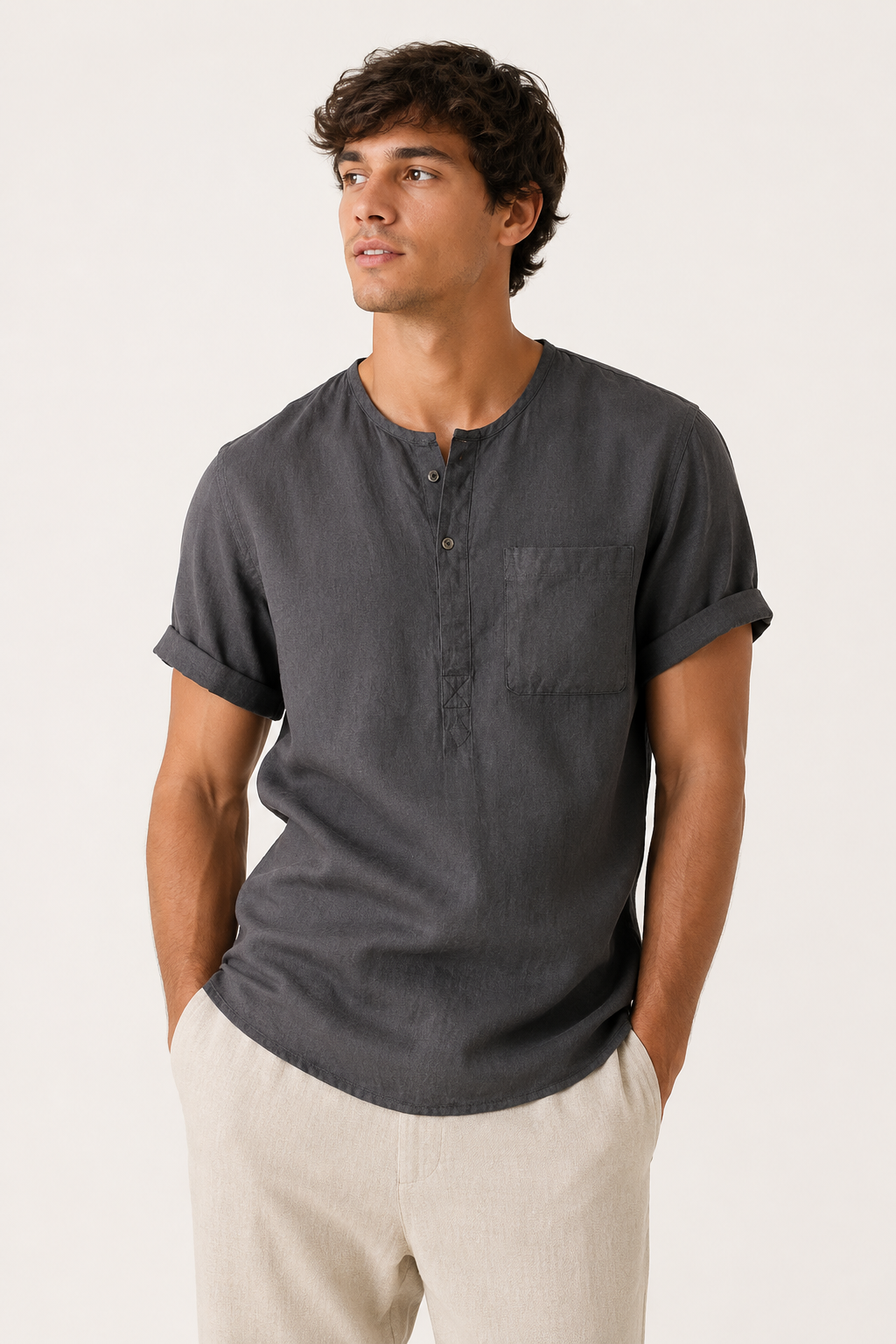 Camisa hombre manga corta cuello mao bolsillo casual lino verano - James