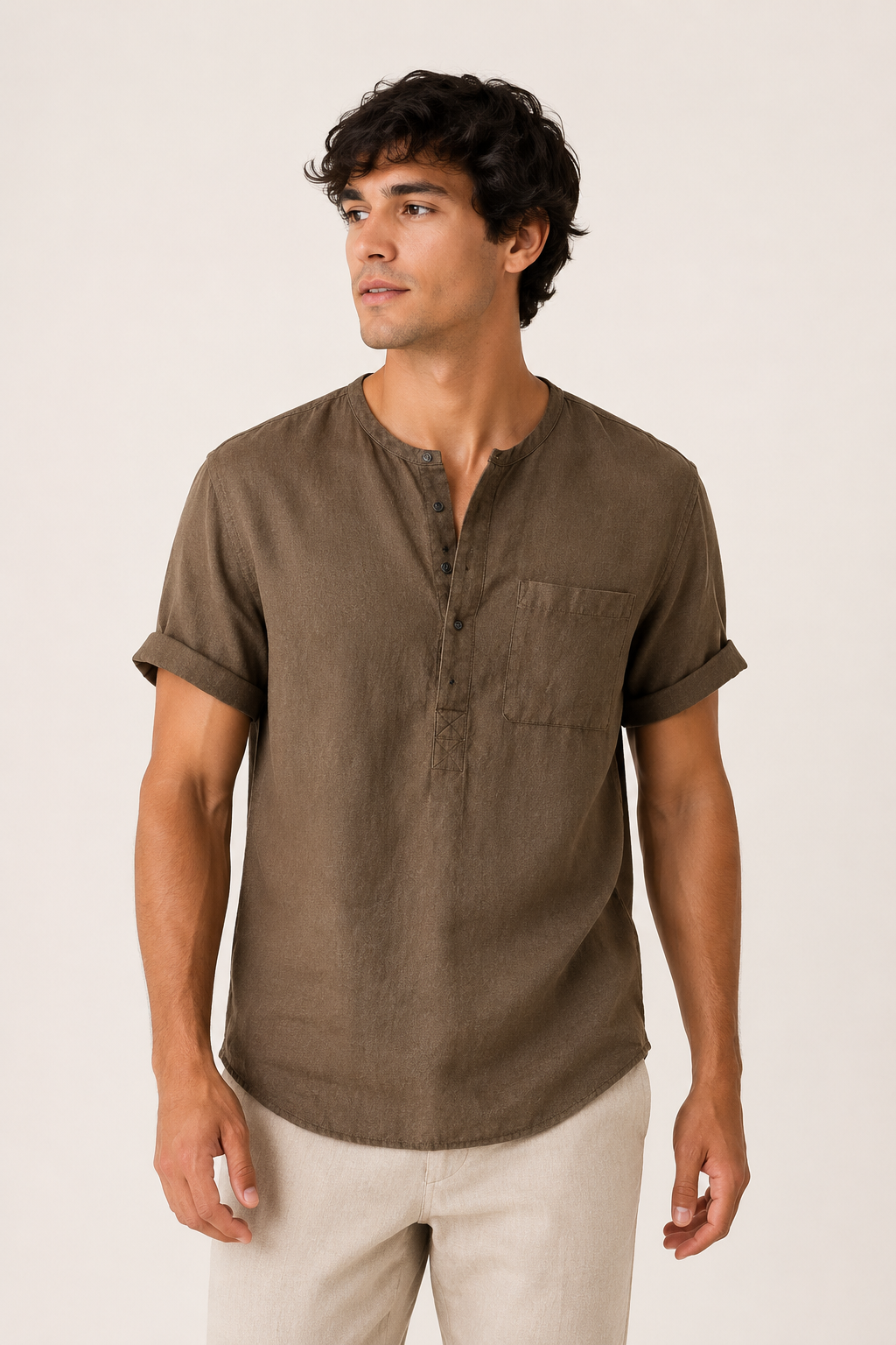Camisa hombre manga corta cuello mao bolsillo casual lino verano - James