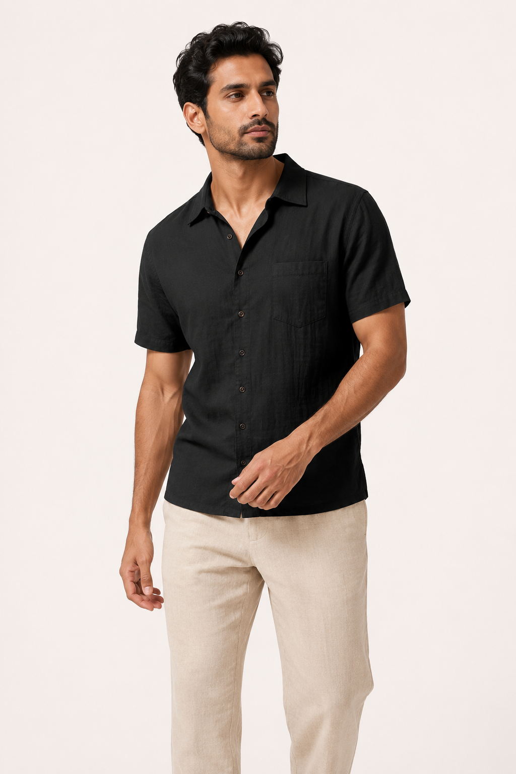 Camisa lino hombre manga corta cuello clásico bolsillo casual verano - Patricio