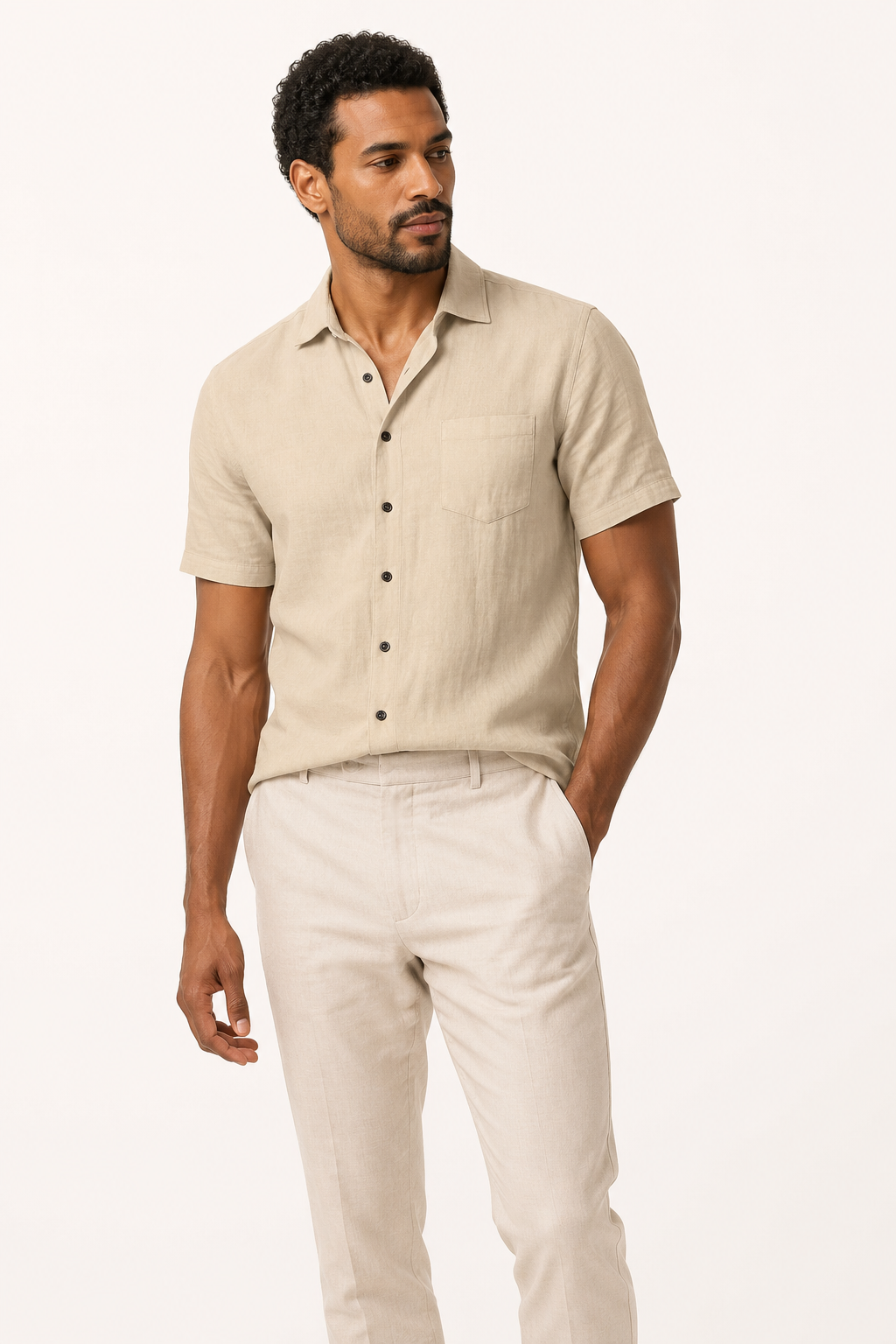 Camisa lino hombre manga corta cuello clásico bolsillo casual verano - Patricio