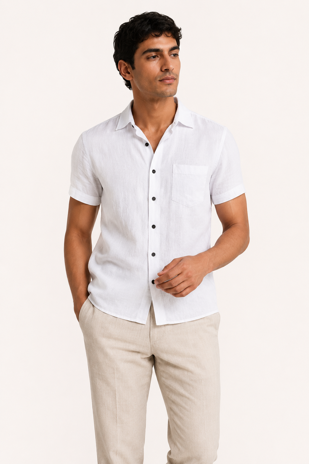 Camisa lino hombre manga corta cuello clásico bolsillo casual verano - Patricio