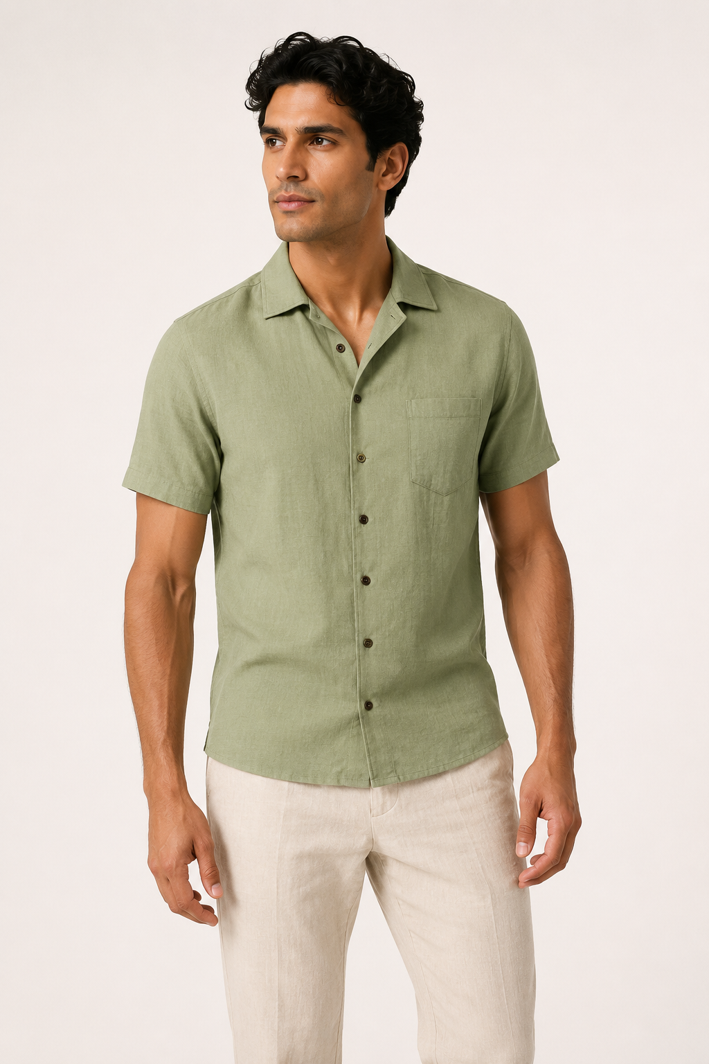 Camisa lino hombre manga corta cuello clásico bolsillo casual verano - Patricio