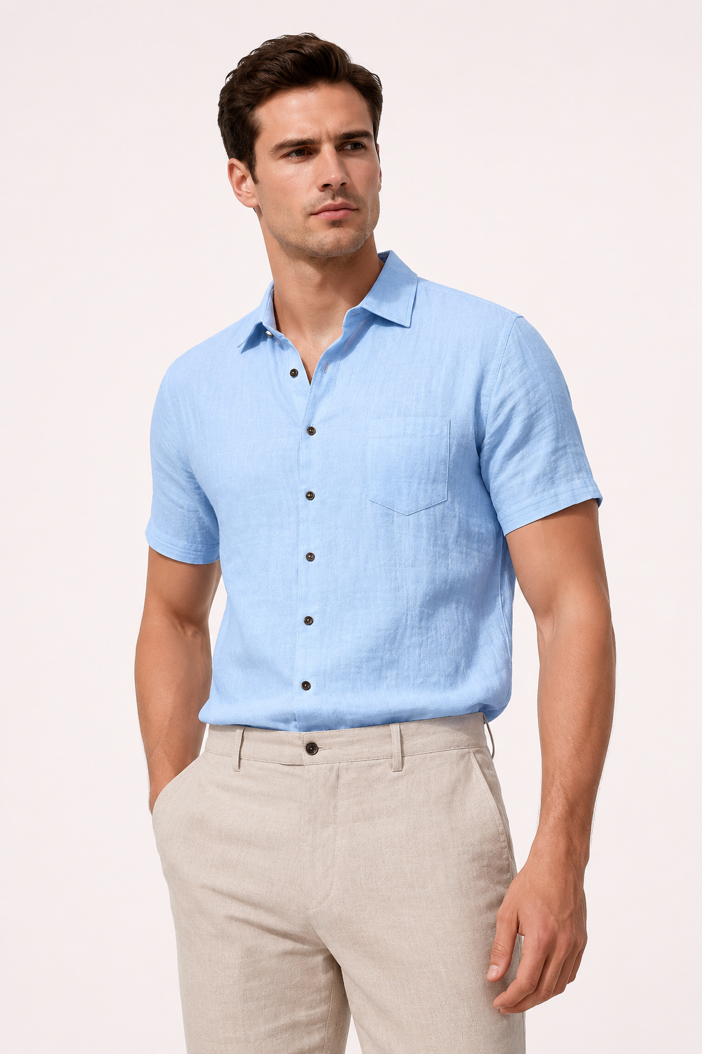 Camisa lino hombre manga corta cuello clásico bolsillo casual verano - Patricio
