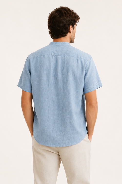 Camisa lino hombre cuello mao manga corta botonadura nudo casual fresca - Emil