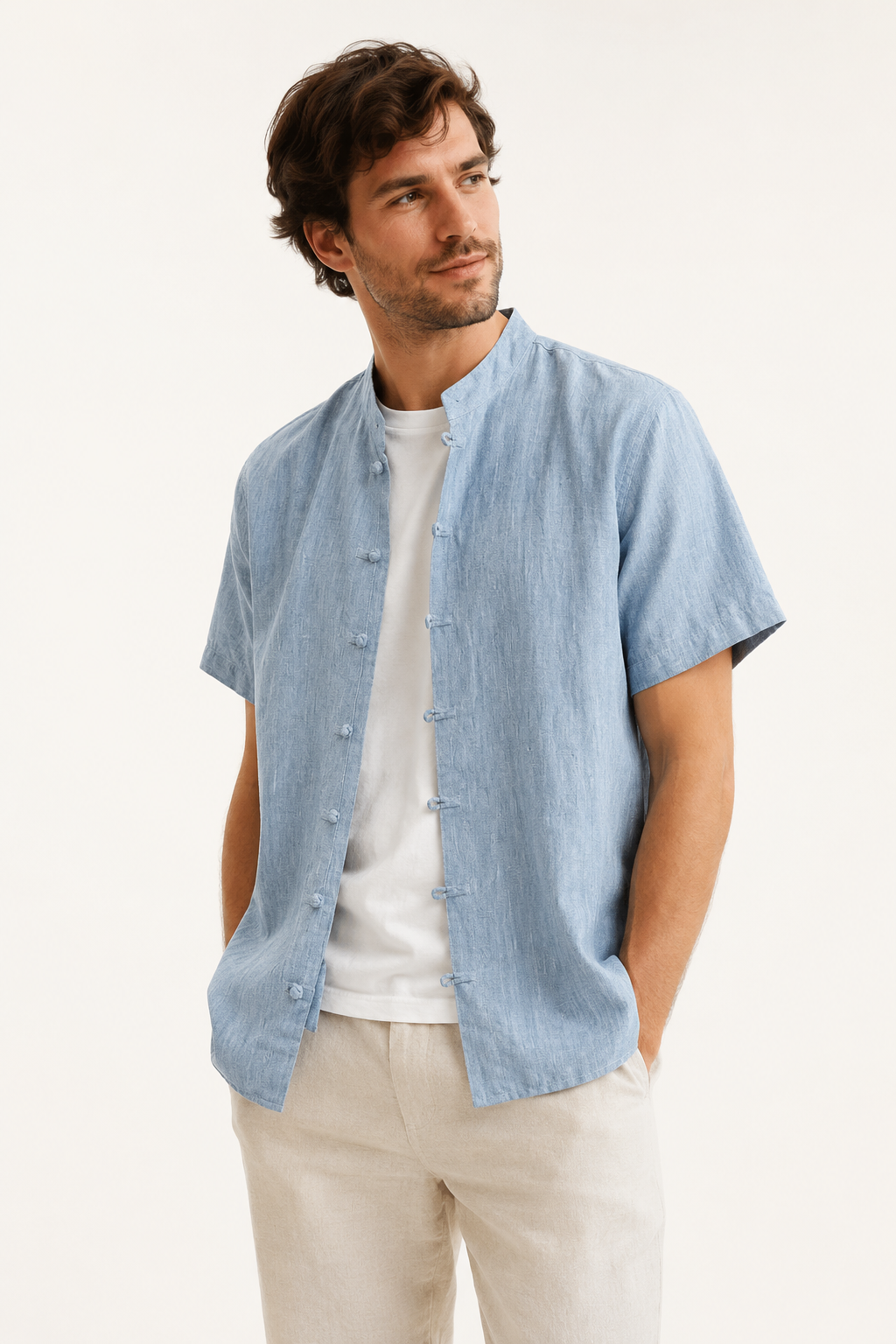 Camisa lino hombre cuello mao manga corta botonadura casual fresca - Emil