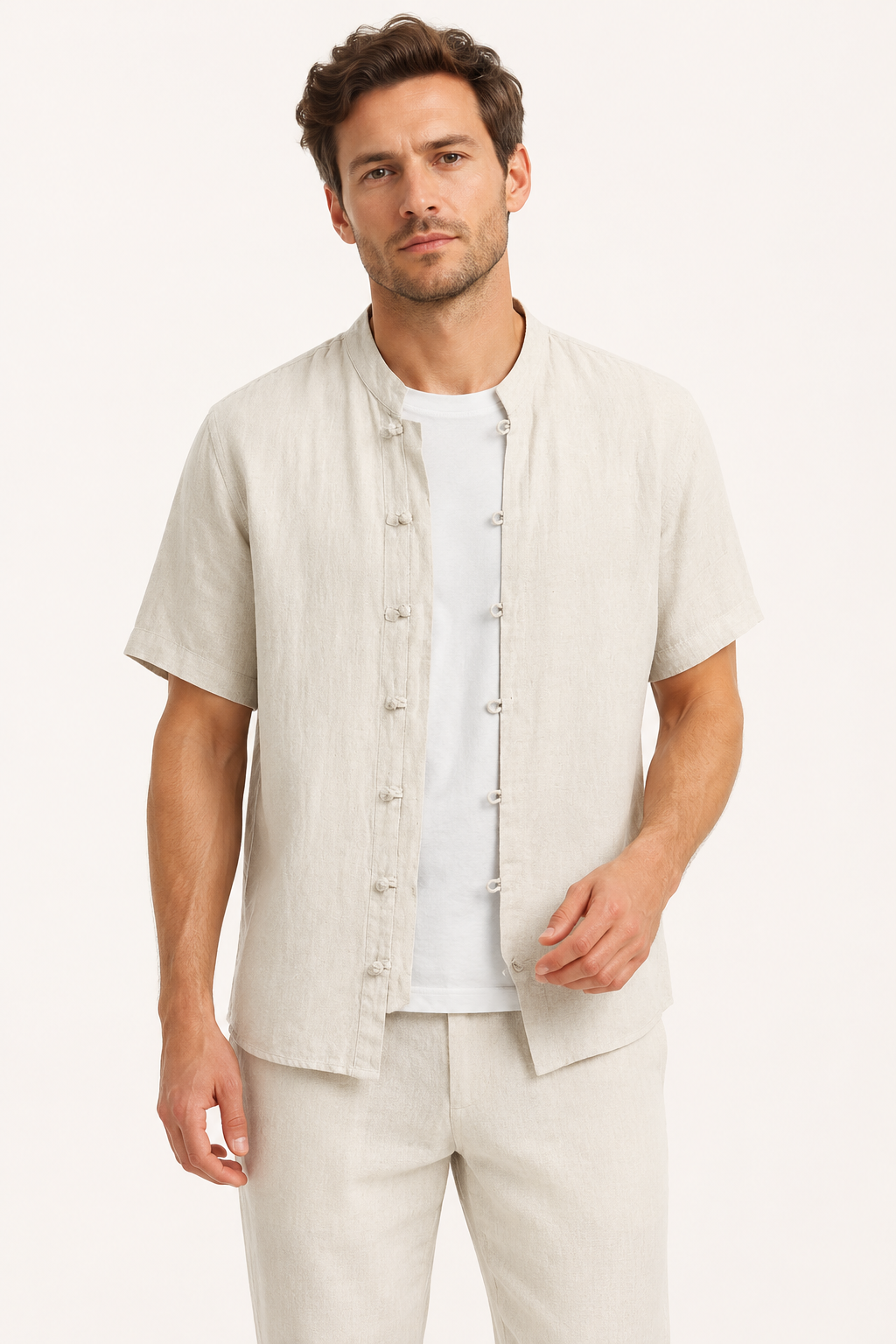 Camisa lino hombre cuello mao manga corta botonadura casual fresca - Emil